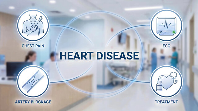 Heart disease clinical awareness diagram showing chest pain artery blockage ECG monitoring and treatment for cardiovascular condition diagnosis and hospital patient care