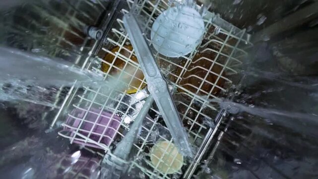 Inside View of Dishwasher with Water Spray and Rotating Arm
