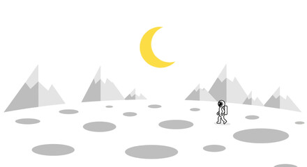 Astronaut exploring moon landscape with crescent moon and mountains © mah