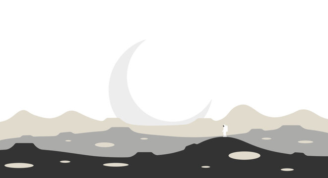 Astronaut exploring moonscape with large crescent moon.