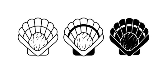 Scallop Shell Icons, Set of 3 Vector Graphics, Simple Outline and Solid Fill Styles for Seafood and Ocean Themes © Sourov