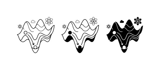 Fototapeta premium Abstract Landscape Icons, Science & Nature Symbols, Minimalist Mountain Peaks, Weather Elements, Vector Graphics Set