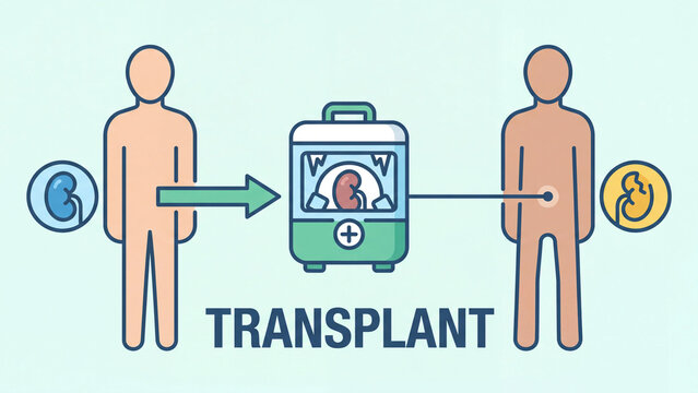 Kidney organ transplant process illustration showing donor recipient and medical transport for surgical organ donation awareness and healthcare transplantation education