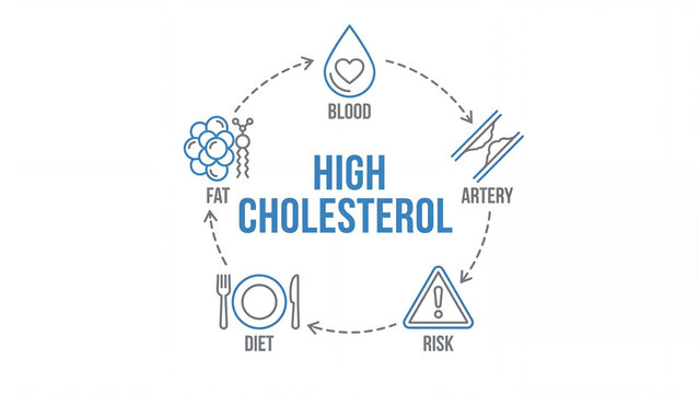 High cholesterol health cycle diagram illustrating blood fat artery diet and risk factors for cardiovascular disease prevention and lipid management patient education