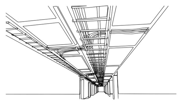 Perspective view of ceiling cable trays and electrical conduit system in line art style