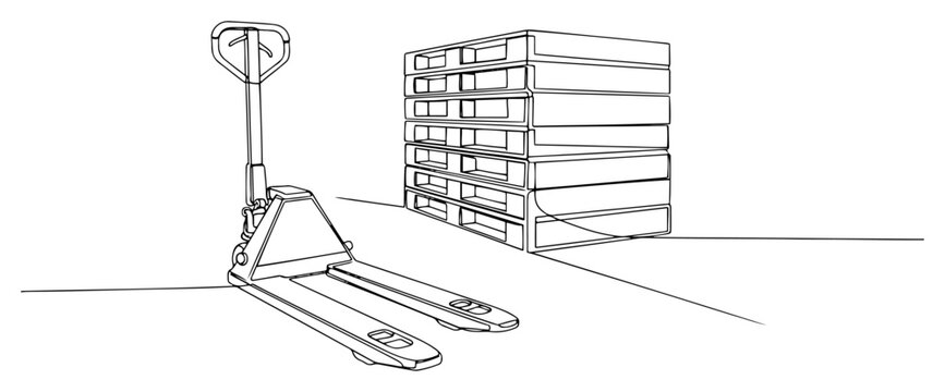 Hand pallet truck next to stack of wooden pallets in continuous line art style