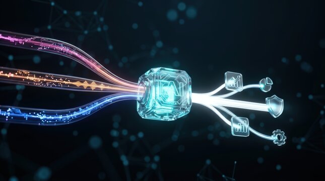 A light streams enter data hub and output icons in dark network space, AI automation in business workflows analytics