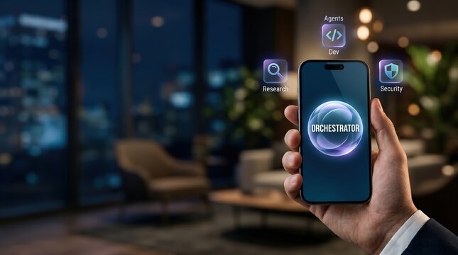A hand holding a phone with hologram network and icons in lounge, AI automation in business workflows logistics system