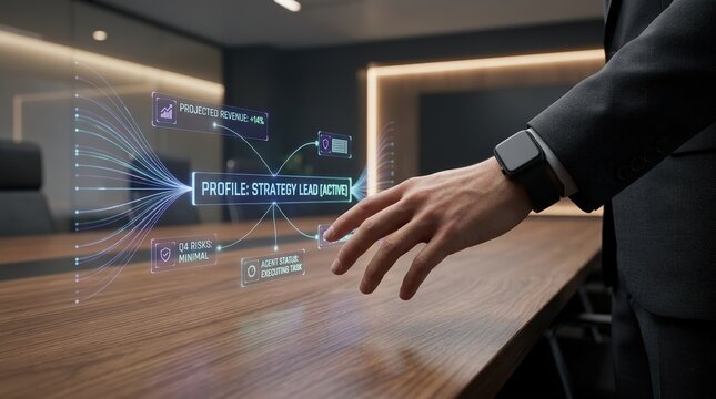A hand controlling a floating interface above desk with data panels, AI automation in business workflows smart workspace
