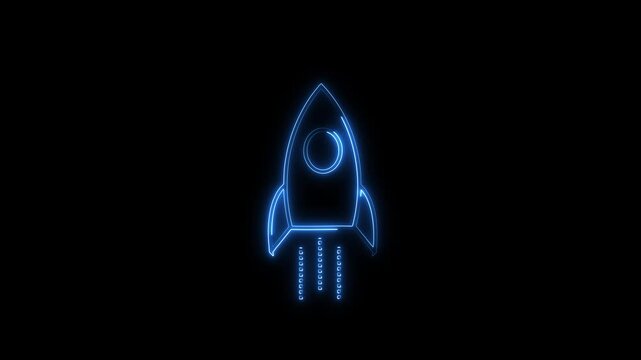 Glowing green neon rocket icon, symbolizing innovation, technology, .Neon simple rocket icon on black background. 4k