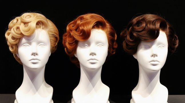 Three mannequin heads display styled wigs in blonde, red, and brown. Elegant vintage hairstyles feature classic curls and waves. Wigs show hair texture and craftsmanship for beauty and fashion.