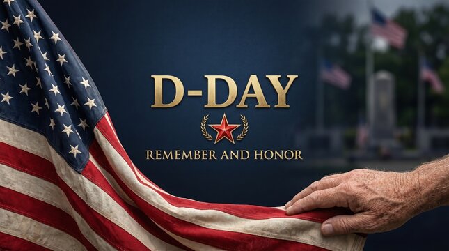 D-Day remembrance with American flag and veteran's hand holding it