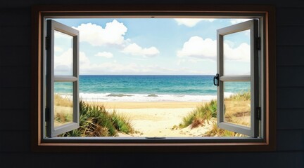 Fototapeta premium View from open window of beach hut to sandy shore and blue ocean waves. Coastal grasses grow on dunes under bright sky with clouds. Peaceful seascape offers tranquil escape.