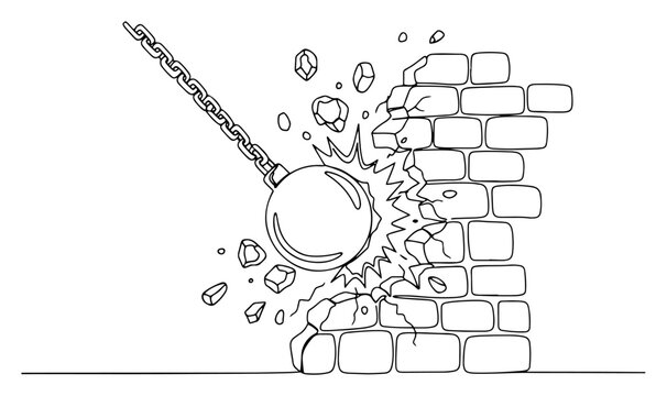 Wrecking ball on a chain destroying a brick wall in a dynamic line art illustration