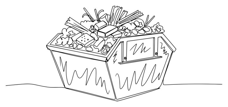 Metal waste skip container filled with trash and debris in a minimalist line art style