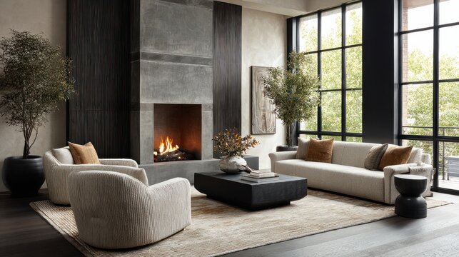 Modern living room interior with fireplace comfortable furniture and windows