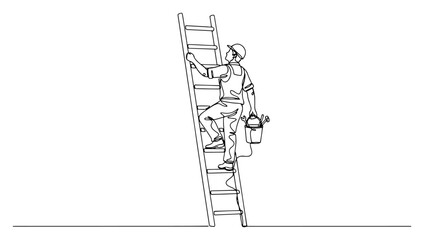 Construction worker climbing a ladder with tools in a single continuous line drawing © Alicja