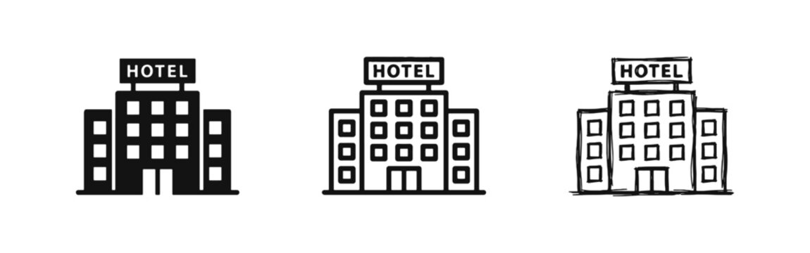Hotel Building Icons Set - Accommodation and Travel Lodging Symbols