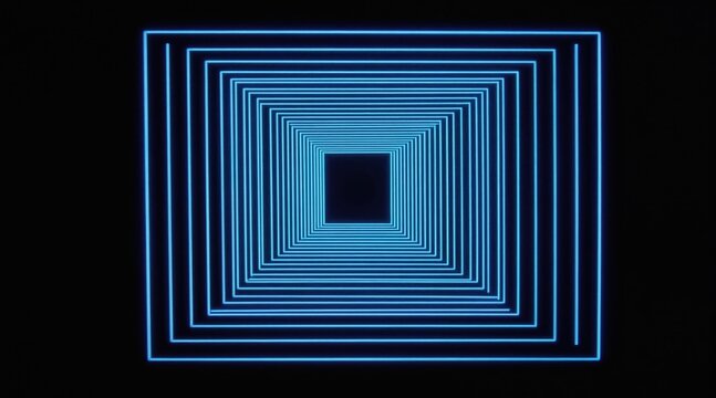 Glowing blue neon squares form tunnel effect. Geometric shapes recede into darkness. Abstract digital art creates futuristic background. Modern design implies tech science themes. Infinite loop
