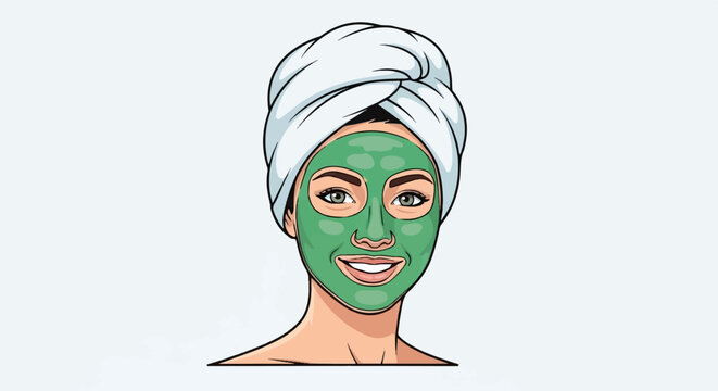 Woman with a green face mask and white towel on head