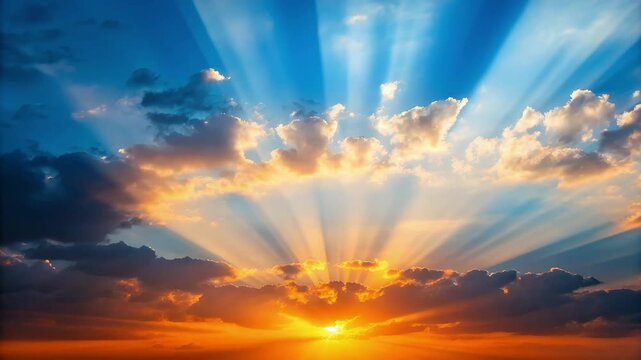Cinematic Sunrise Sky with Dramatic Sun Rays Breaking Through Clouds  Nature Background Video