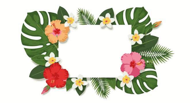 Tropical floral border with hibiscus and plumeria framing blank space