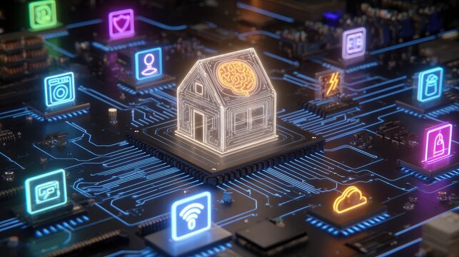 Smart home circuitry with glowing icons represents interconnected technology and data