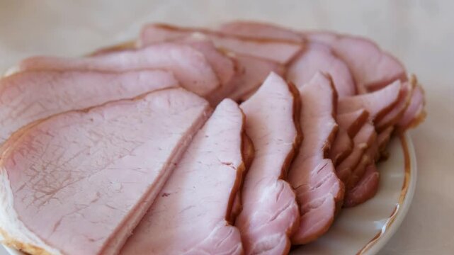 Ham slices meat spam pork fresh delicious gourmet food background on the table rustic food top view copy space. High quality 4k footage