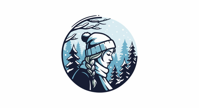 Woman in winter hat and scarf, braided hair, snowy pine forest scene