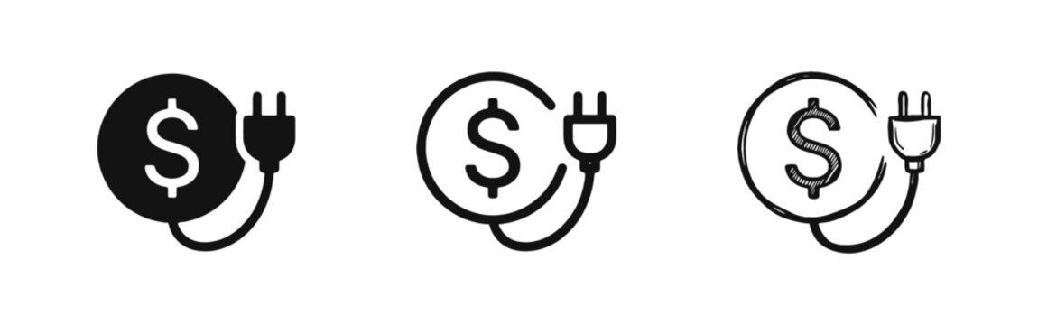 Energy Cost Dollar Plug Icon Set - Power Price Utility Finance