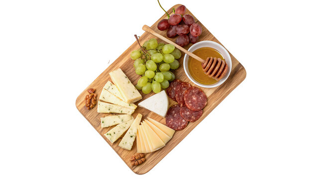 Wooden tray with assorted cheese blocks grapes and nuts for gourmet food appetizer concepts isolated on transparent background cut out