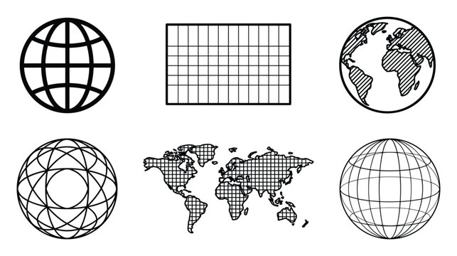 Collection of world maps and globes with grid patterns and wireframe designs, digital age concepts.