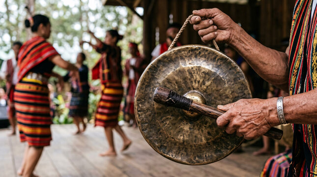 Hands holding a traditional gong and mallet during a cultural dance performance.