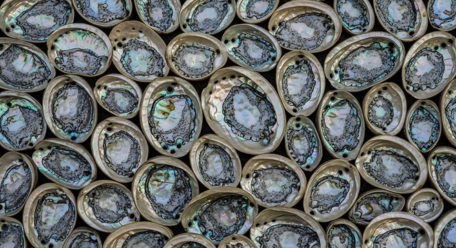 Close up of numerous abalone shells showcasing iridescent colors and textures