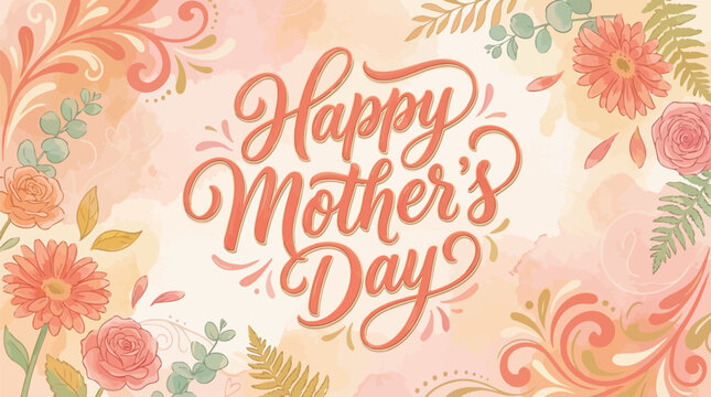 Mother's Day text is elegantly displayed over a soft watercolor background decorated with delicate floral illustrations.