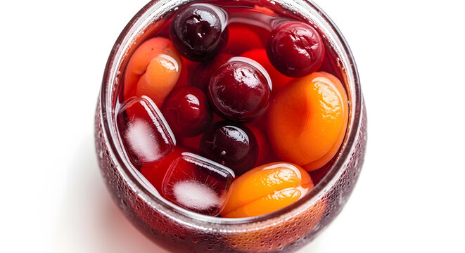 Apricot and cherry kompot beverage in a glass pitcher, or Bulgarian juice beverage made from boiling the fruits to get its extracts, shot top down against white background
