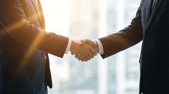 Two business people shaking hands in bright office setting representing corporate partnership success agreement and professional collaboration in modern workplace environment for business