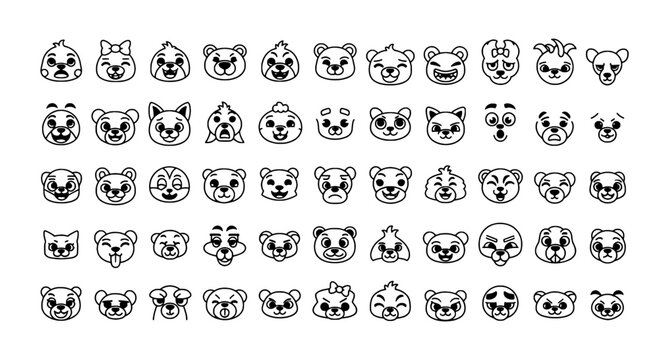 Panda head doodle icon set with cute faces, bowtie and sunglasses expressions for kids, stickers and playful branding