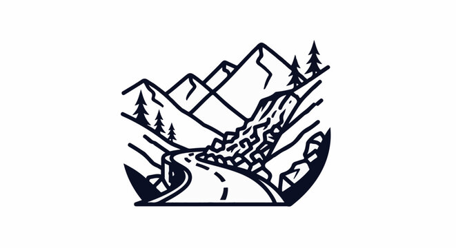 Winding road through mountains with a rockslide