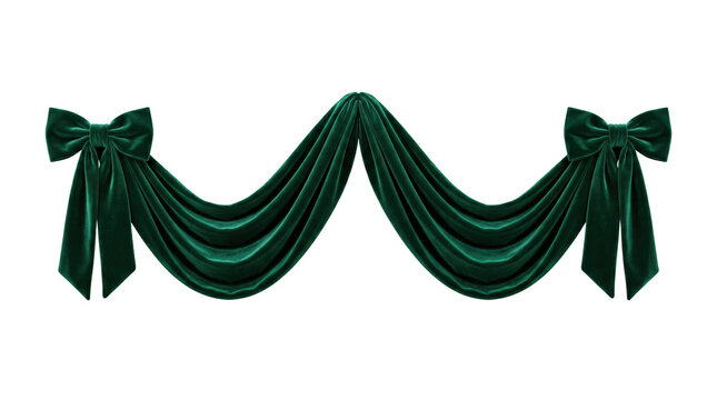 Green velvet fabric swag with bows isolated. Christmas decorative drapery.