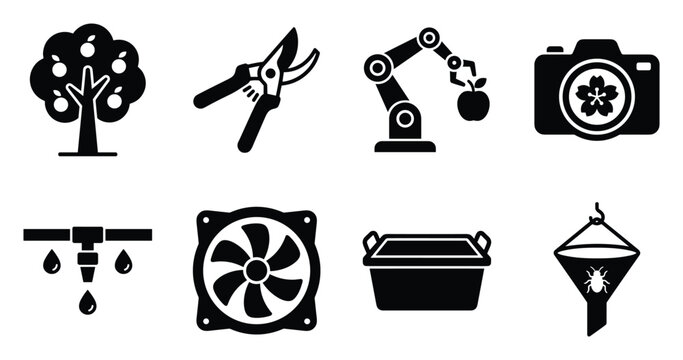 Farming technology icons representing orchard tree, pruning shears, robotic arm, camera, irrigation.
