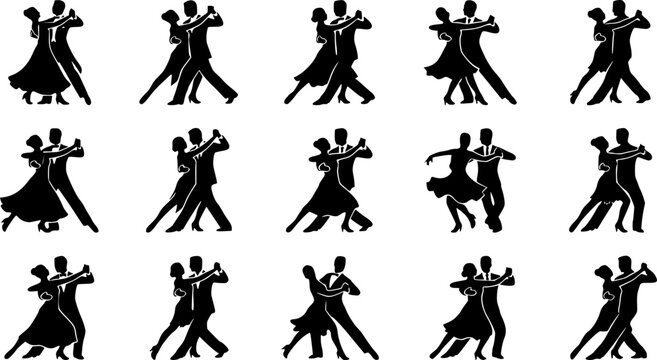 Elegant ballet couple silhouette set with male dancer extending arm and ballerina dancing on transparent background.