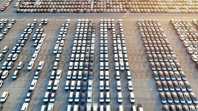 Aerial drone view of thousands of vehicles parked at a futuristic automotive factory, reflecting the rise of smart manufacturing, electric mobility, and AI driven transportation systems. 4k.
