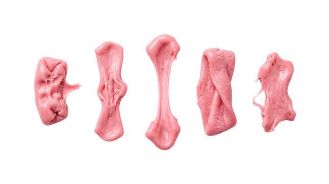 Collection of pink stretched bubblegum shapes isolated. Chewing gum textures mockup.