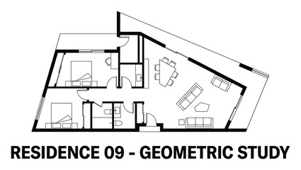 Naklejka premium Geometric study residence floor plan with angular design and multiple living areas.