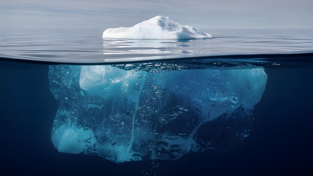 Cinematic View of Iceberg Above and Below Sea Level, Deep Blue Ocean Water with Underwater Glacier Perspective, Nature Environmental Science Concept, High Quality Creative Digital Image