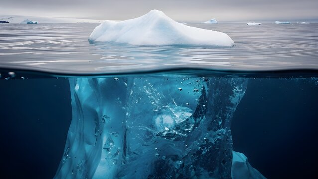 Cinematic View of Iceberg Above and Below Sea Level, Deep Blue Ocean Water with Underwater Glacier Perspective, Nature Environmental Science Concept, High Quality Creative Digital Image