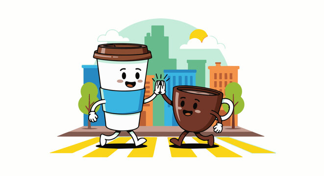 Two cartoon coffee cups high-fiving while crossing a city street