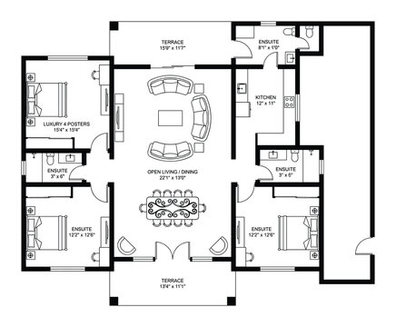 Luxury apartment floor plan vector open living dining kitchen 4 bedrooms 4 ensuites and terrace areas for modern living.