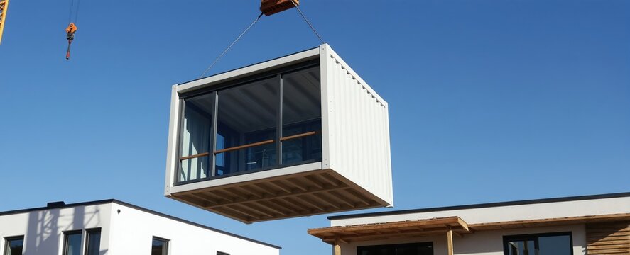 Crane lifts modern modular building unit skyward. Construction of prefab homes progresses, adapting to urban needs and efficient living. Future housing development.